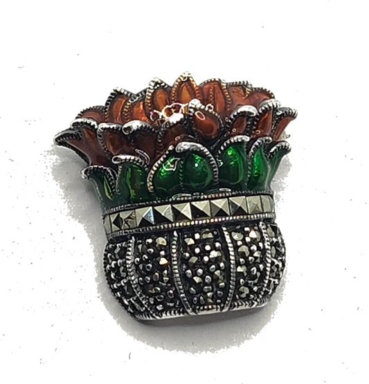 Judith Jack Sterling Silver Marcasite & Enamel Poinsettia Plant Brooch image 0