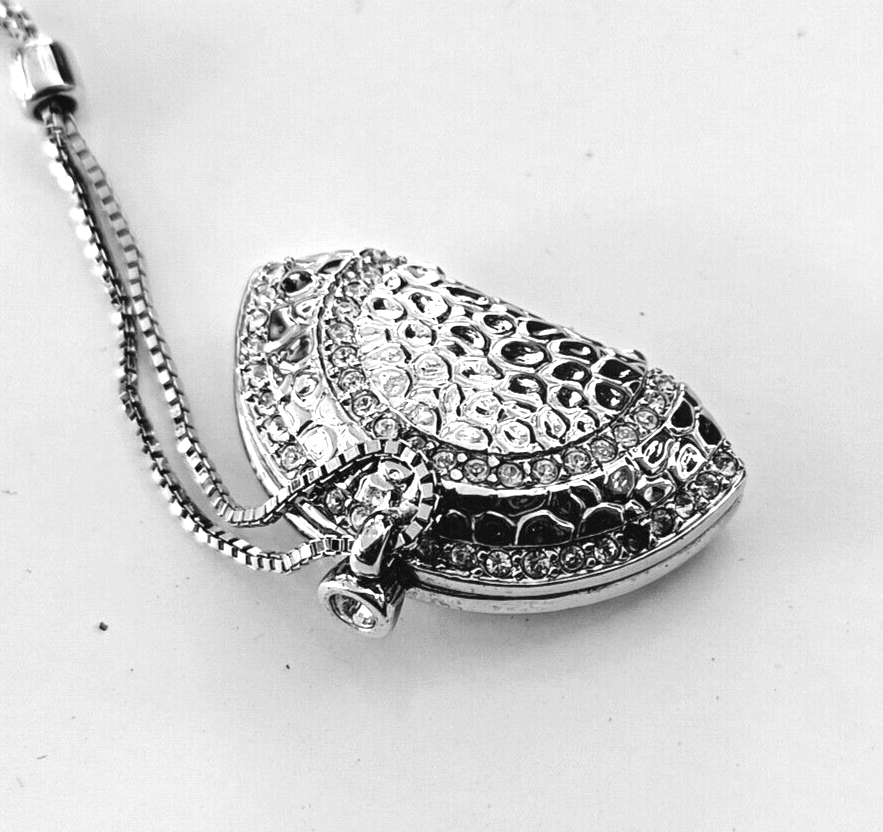 Swaroski Crystal Signed Silver Toned Purse Pendant & Chain image 4