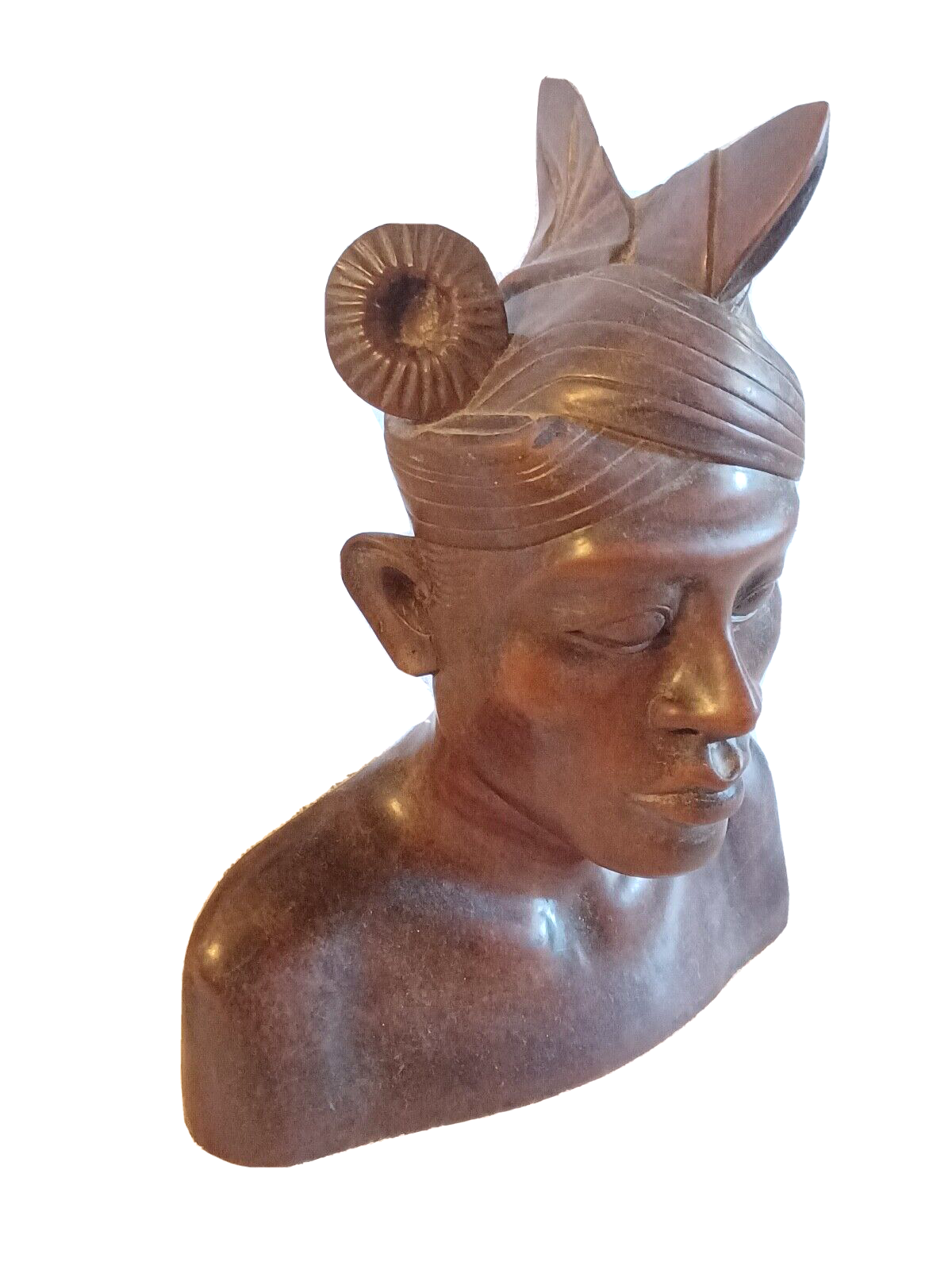 Antique African Woman Wood Carved Tribal Bust Headpiece w/ Flower Sculpture image 2