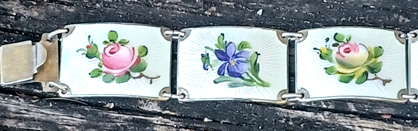 Vintage Norwegian Sterling Silver Guilloche Enamel Flower Panel Bracelet image 3