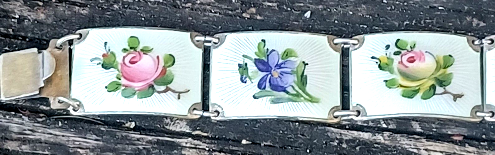 Vintage Norwegian Sterling Silver Guilloche Enamel Flower Panel Bracelet image 3