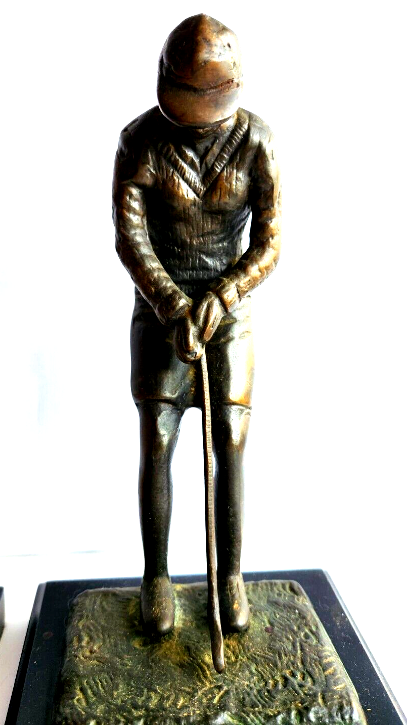 Circa 1920's Pair of Bronze Male & Female Golfer Bookends on Plinth image 3