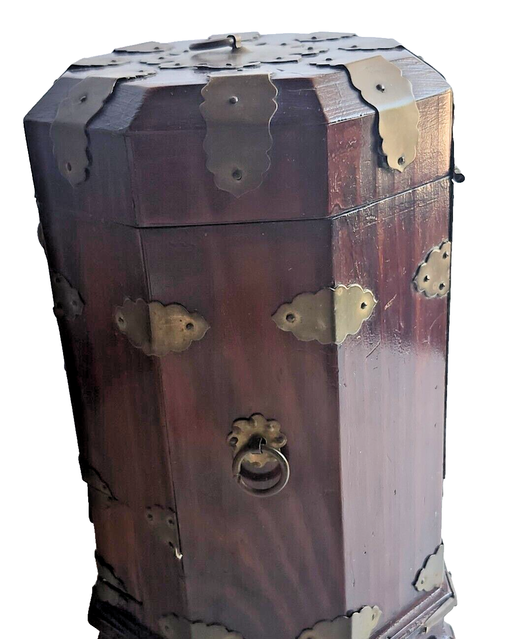 Antique Chinese Brass & Wood Hexagonal Tea Caddy image 3