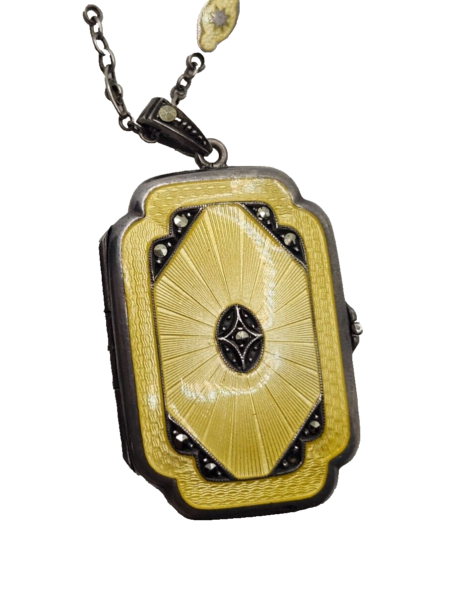 Antique Sterling Silver Guilloche Enamel Long Link Chain w/ Matching Locket image 4