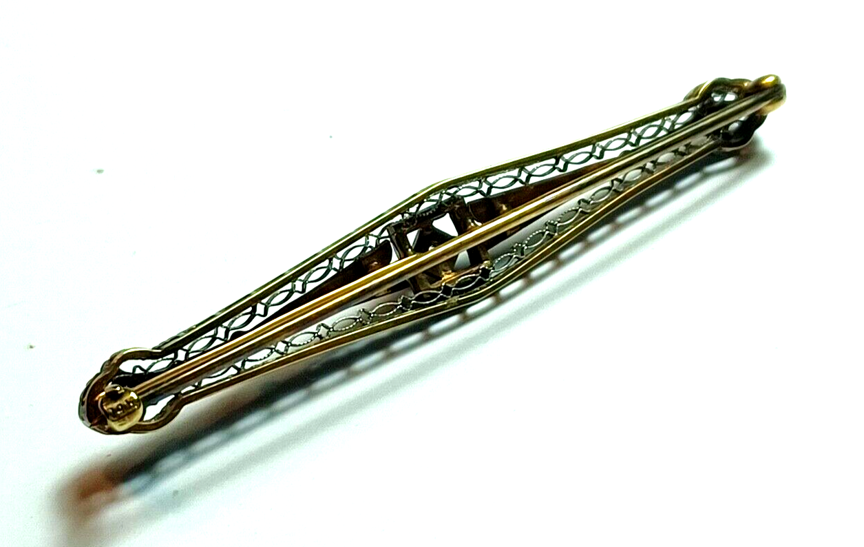 Antique Victorian .10ct Diamond Filigree Two Tone 14K Gold Bar Pin image 9