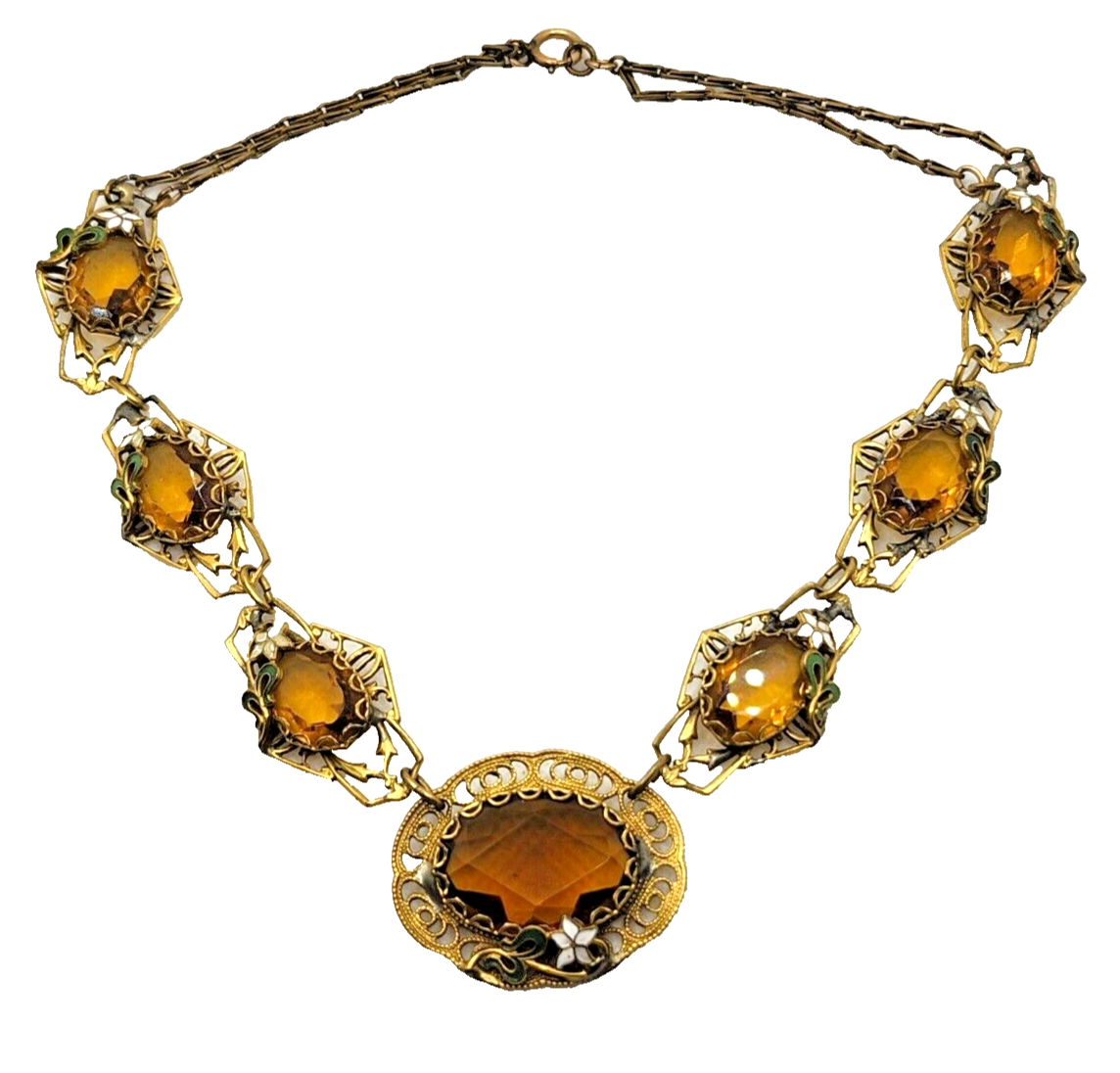 Antique Art Nouveau Enamel Czech Citrine Glass Filigree Gold Filled Necklace image 5