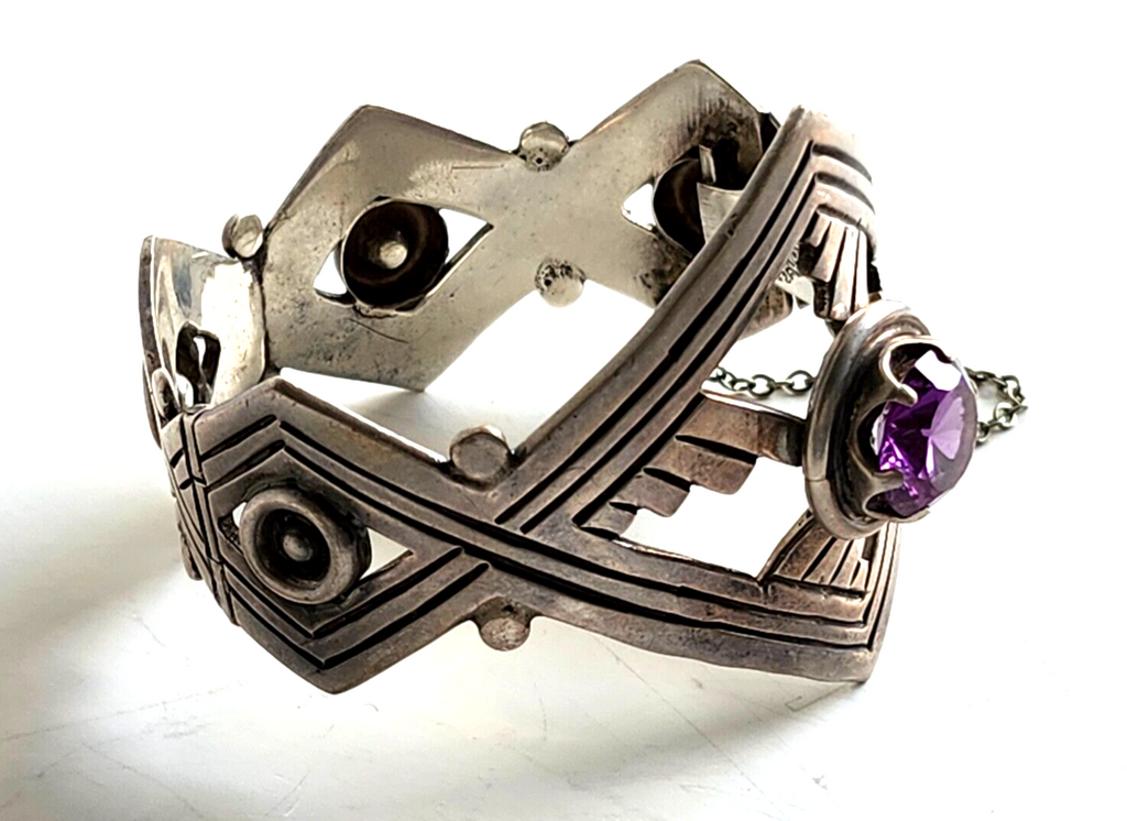 Vintage Taxco Mexico Sterling & Amethyst Chunky Hinged Bangle Bracelet Signed image 5