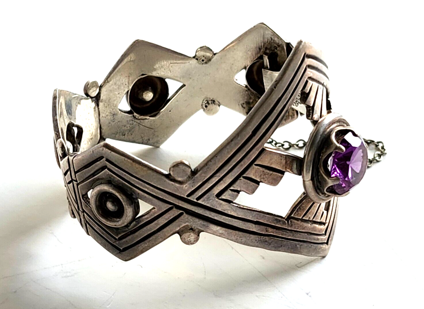 Vintage Taxco Mexico Sterling & Amethyst Chunky Hinged Bangle Bracelet Signed image 5