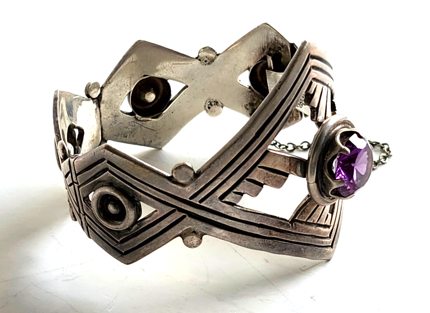 Vintage Taxco Mexico Sterling & Amethyst Chunky Hinged Bangle Bracelet Signed image 5