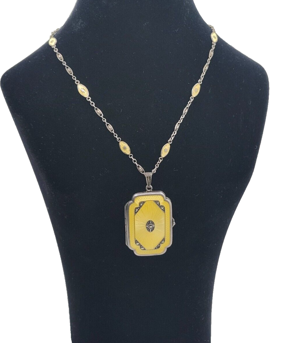 Antique Sterling Silver Guilloche Enamel Long Link Chain w/ Matching Locket image 1