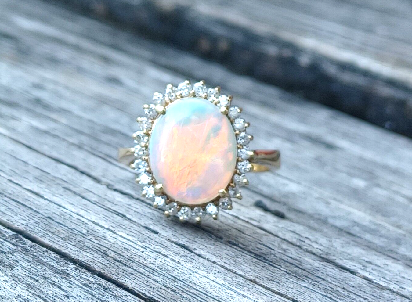 Natural Fire Opal & Diamond Halo 14K Yellow Gold Ring image 1
