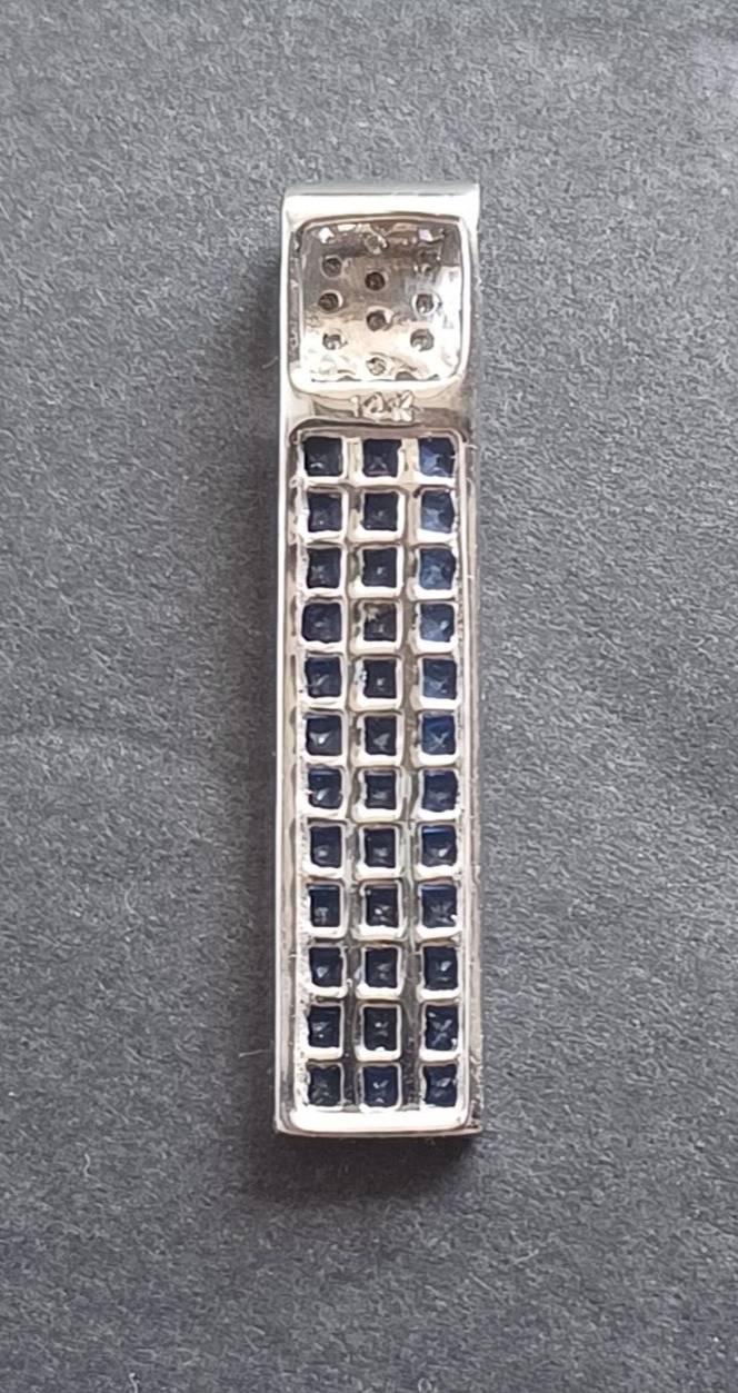 Estate 2.25 Ct Diamond & Ceylon Blue Sapphire 14K White Gold Bar Pendant image 12