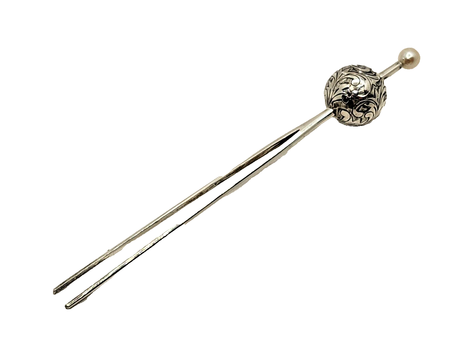 Vintage Sterling Silver & Pearl Japanese Hairpin Etched Scroll Ball image 0