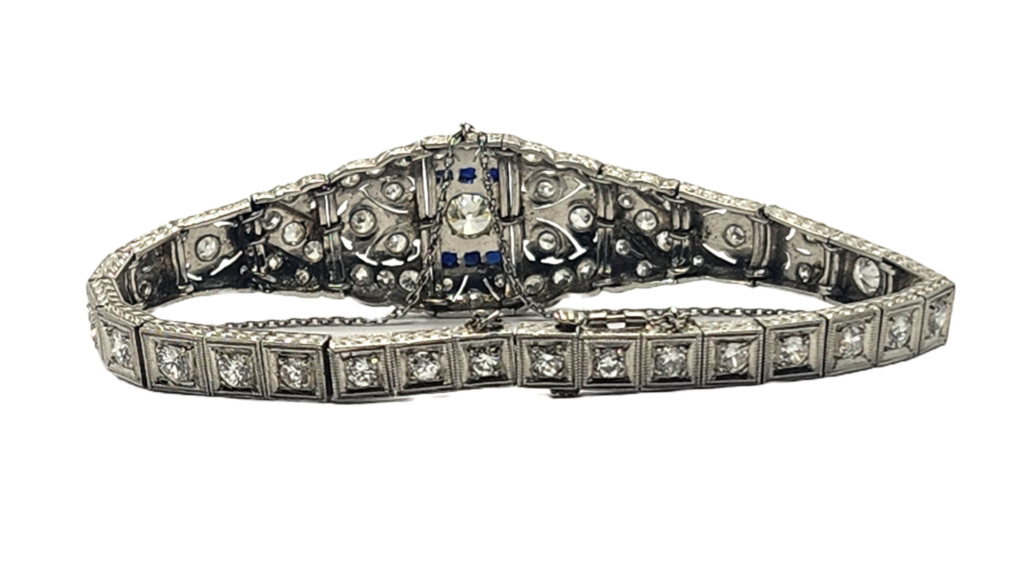 Antique Art Deco Filigree Platinum 3ct Diamond & Sapphire Bracelet image 8