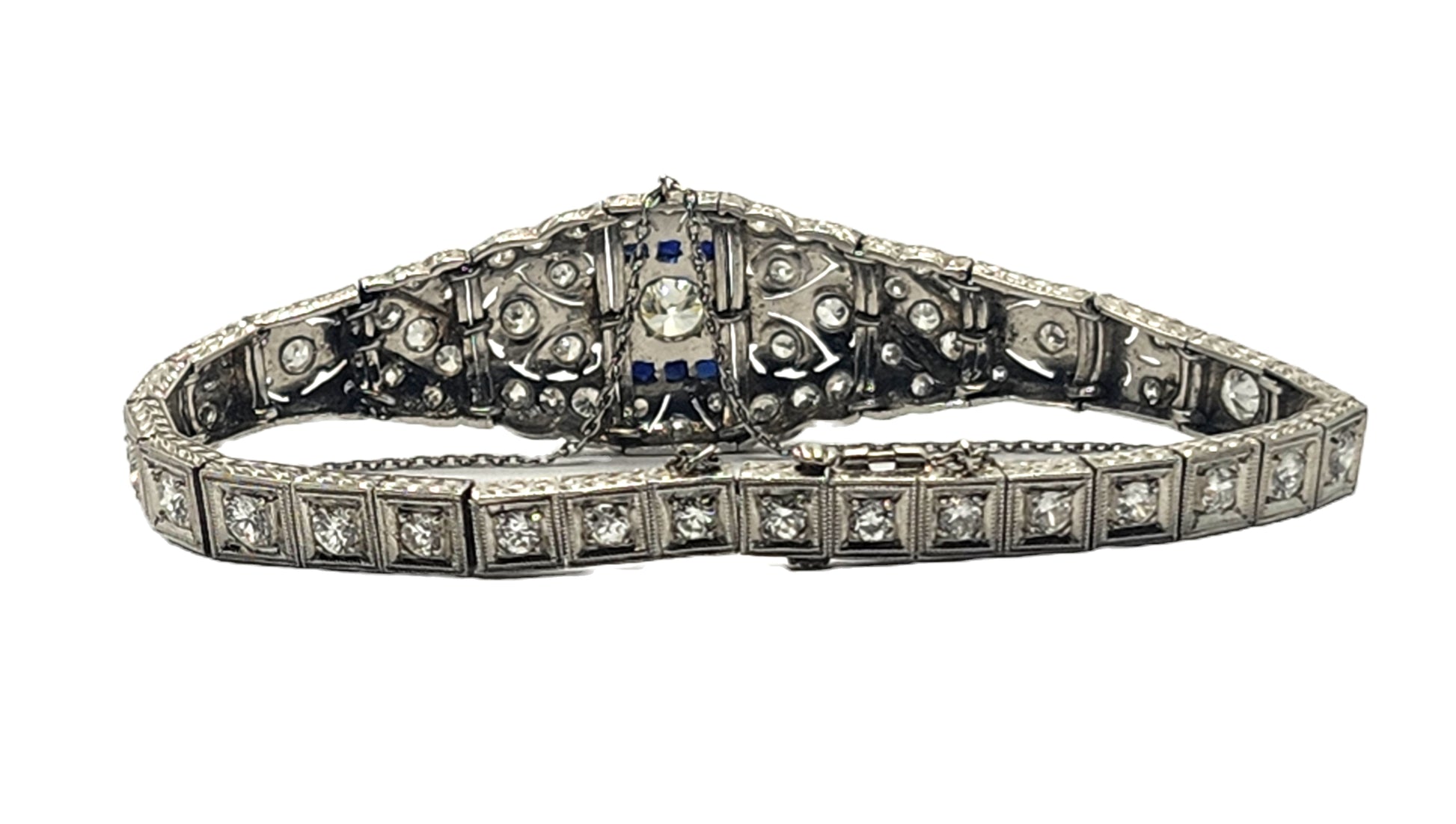 Antique Art Deco Filigree Platinum 3ct Diamond & Sapphire Bracelet image 8