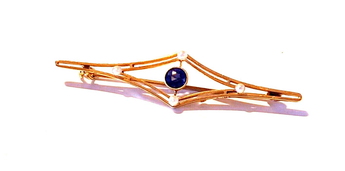Antique Tanzanite Seed Pearl & 14k Yellow Gold Brooch image 0