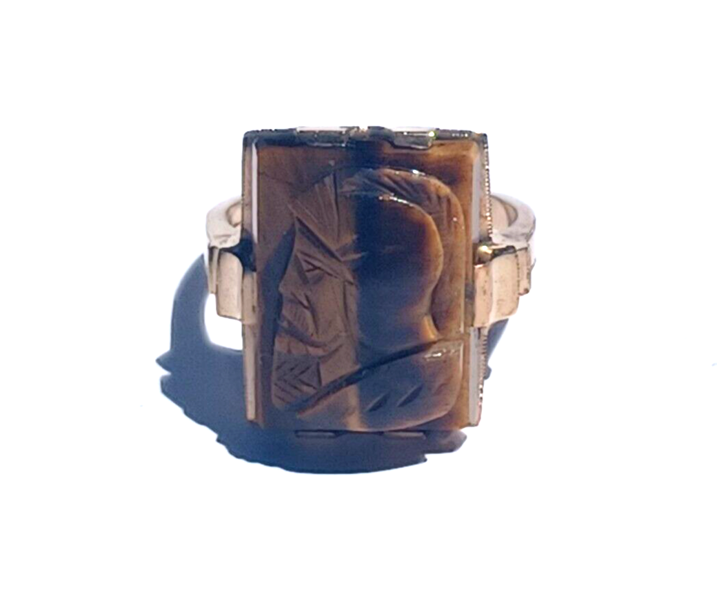Vintage Men's Tigers Eye Roman Soldier Intaglio & 10K Gold Ring image 1