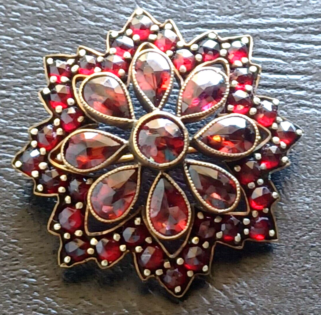 Gorgeous Antique Bohemian Garnet & Sterling Silver Vermeil Brooch Pin image 6