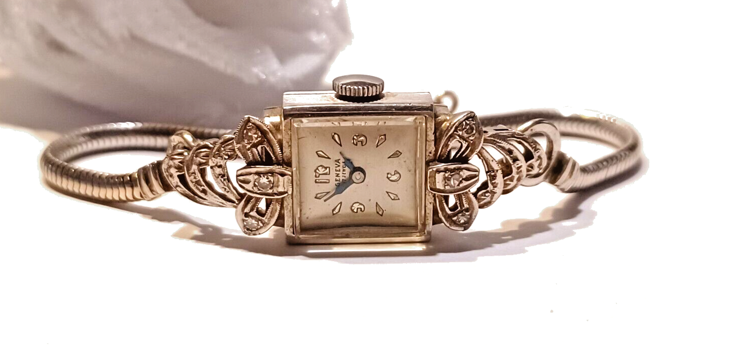 Antique Diamond Ladies Geneva 17J Manual Wind 14K White Gold Watch & Band image 0