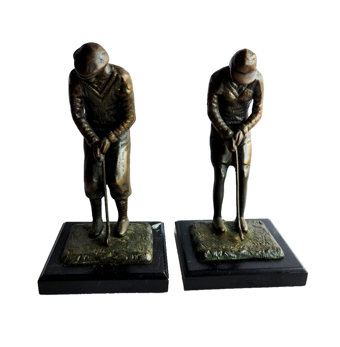 Circa 1920's Pair of Bronze Male & Female Golfer Bookends on Plinth image 0