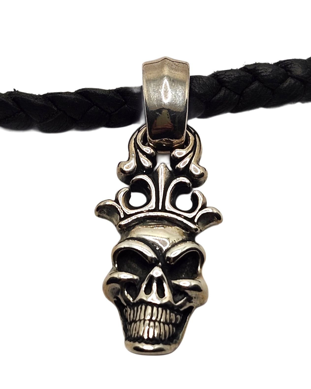 BWL Bill Wall Leather Sterling Large Skull w/ Crown Pendant on Braided Necklace image 1