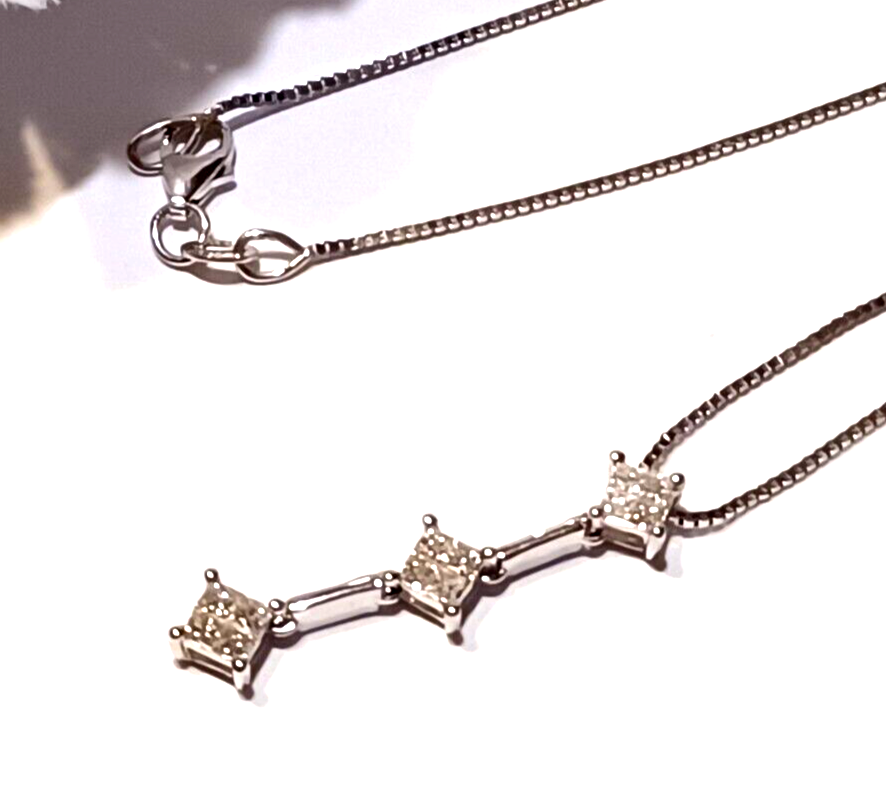 1.2CT Princess 3 Stone Diamond 14K Pendant w/ 14K White Gold Box Chain image 4
