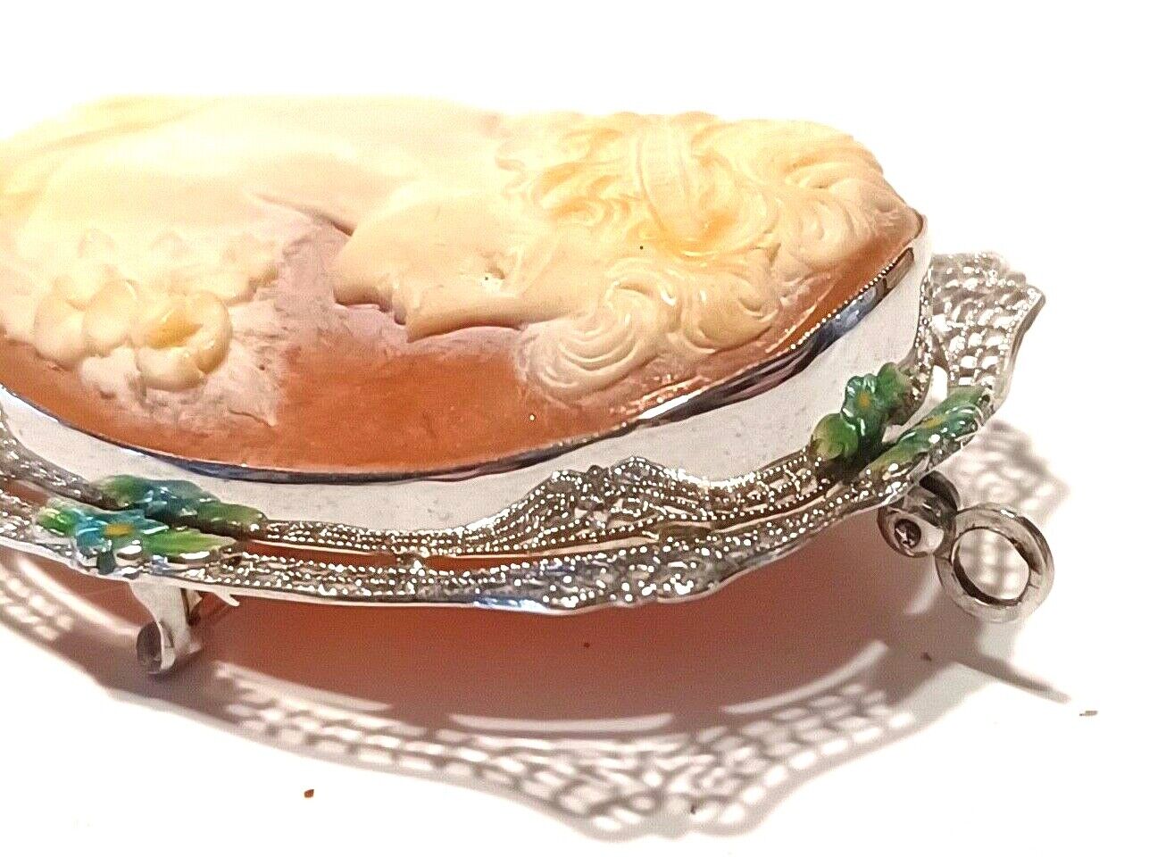 Antique Victorian Estate 14K White Gold Filigree Shell Cameo Pin Pendant Enamel image 6