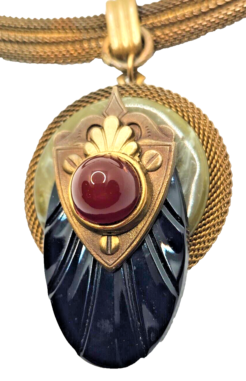 Vintage Patrice Black Onyx Carnelian & Green Agate Pendant Necklace image 4