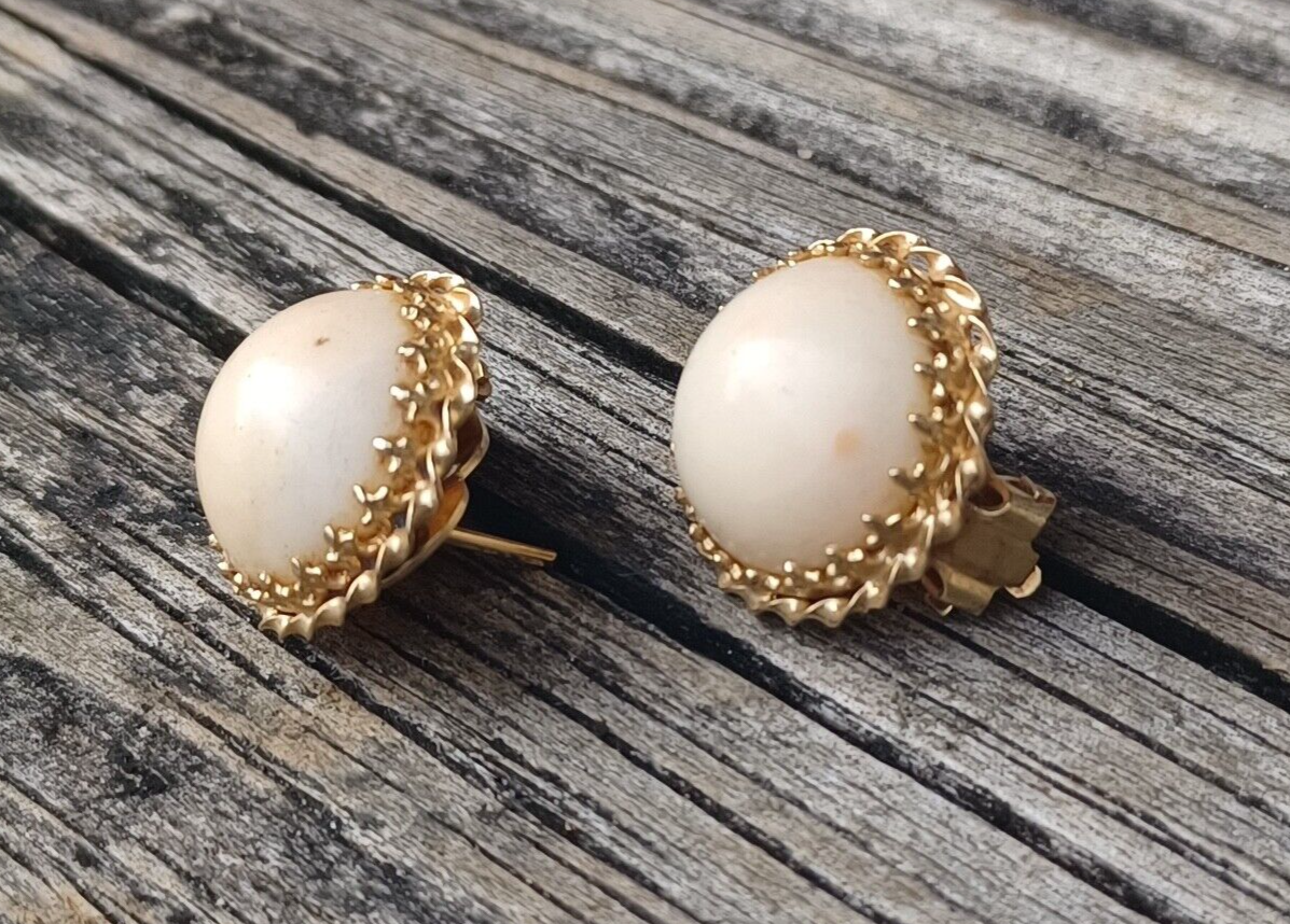 Genuine 13MM Natural Angel Skin Coral 14k Yellow Gold Omega Back Earrings image 4