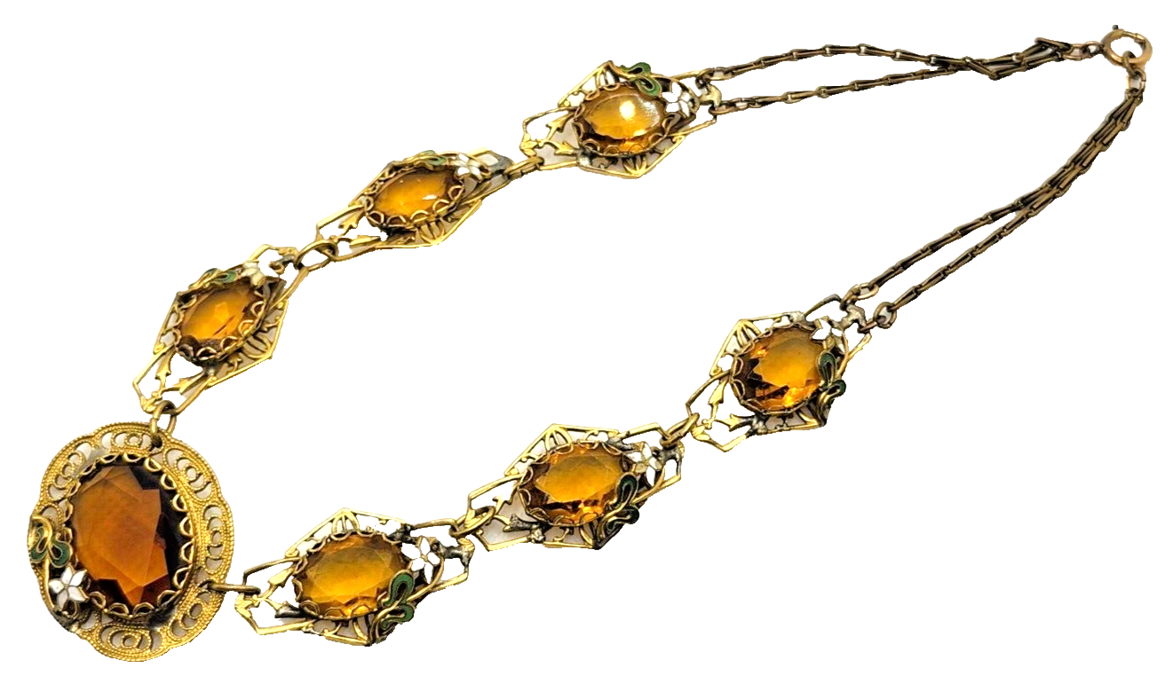 Antique Art Nouveau Enamel Czech Citrine Glass Filigree Gold Filled Necklace image 10