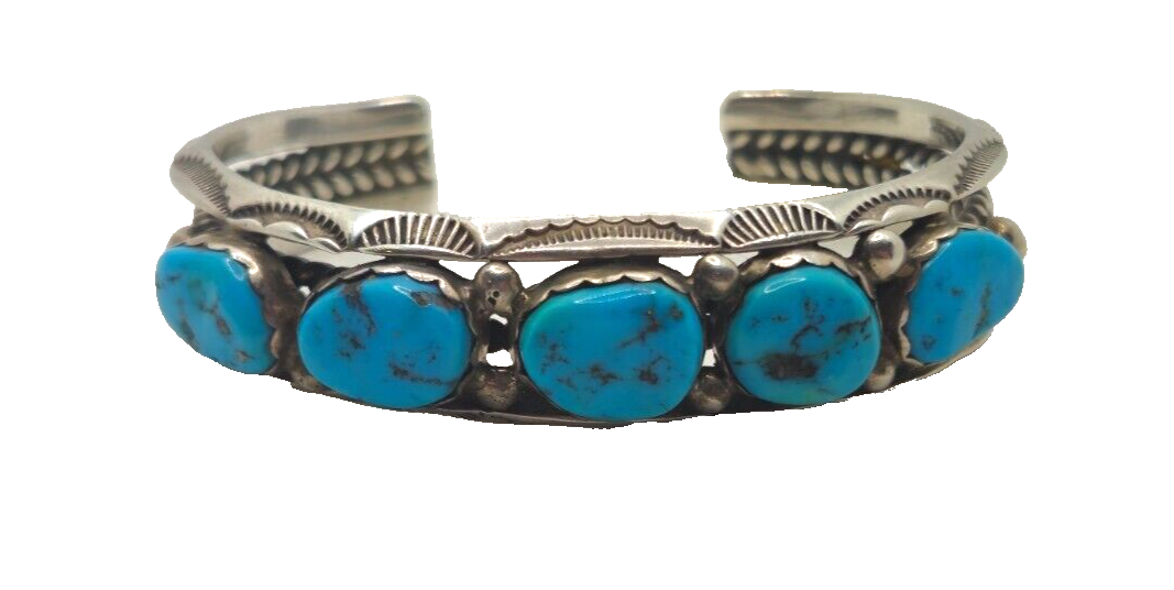 Native American Navajo 5 Turquoise & Sterling Silver Cuff Bracelet Signed image 2