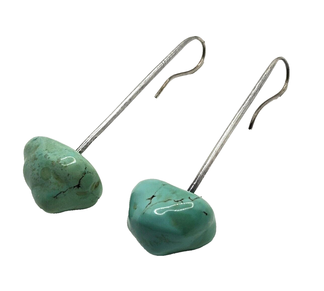 Large Chunky Turquoise Stone End on Long Sterling Silver Dangle Post Earrings image 0