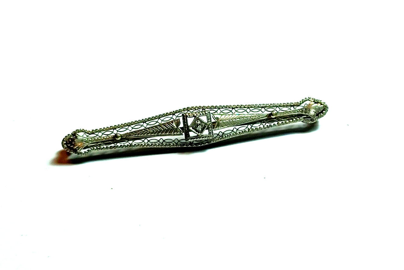 Antique Victorian .10ct Diamond Filigree Two Tone 14K Gold Bar Pin image 0