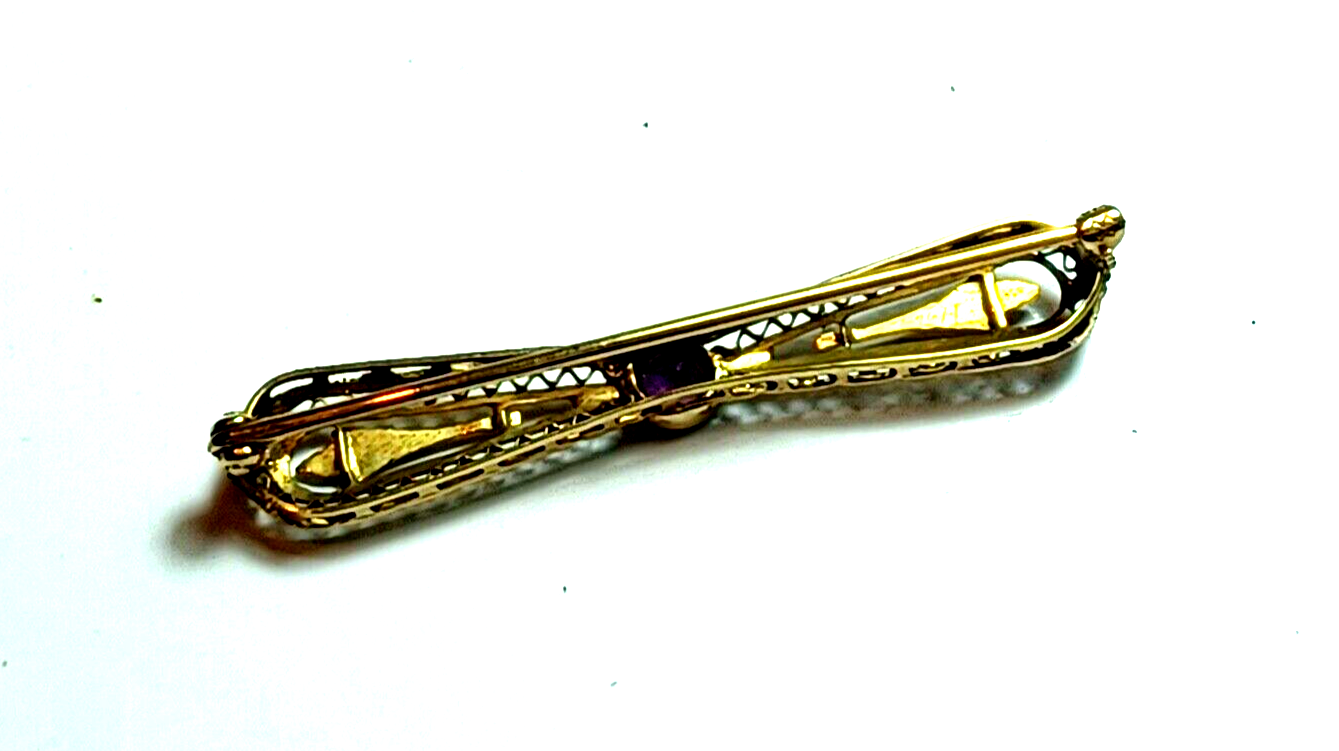 Antique Victorian .25ct Amethyst Filigree 14K Yellow Gold Bar Pin image 5