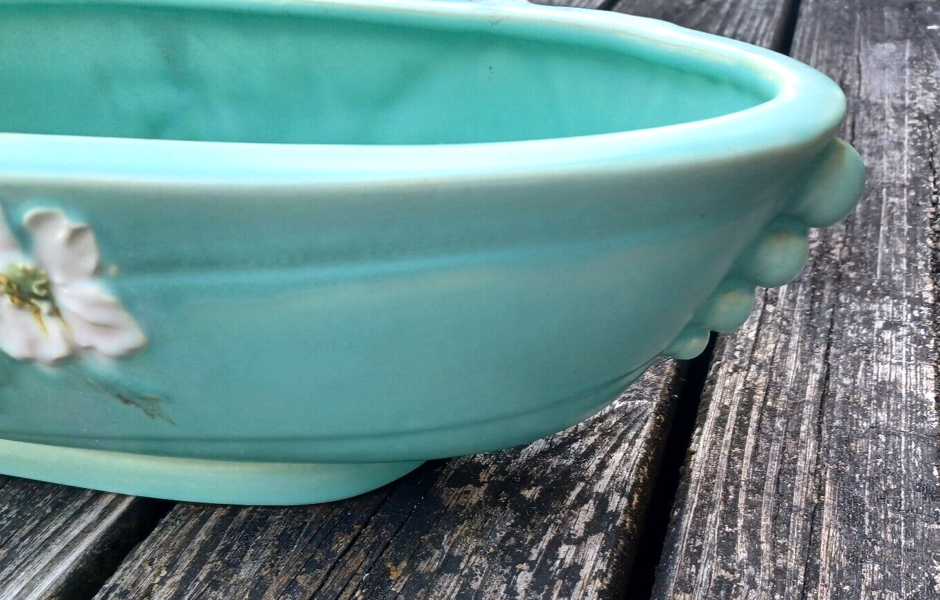 Rare Antique Weller Pottery Turquoise Wild Rose Large Oblong Planter Centerpiece image 8