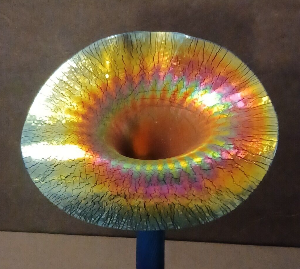 LUNDBERG Studios Art Glass JACK IN THE PULPIT Aurene Blue Iridescent Vase image 4