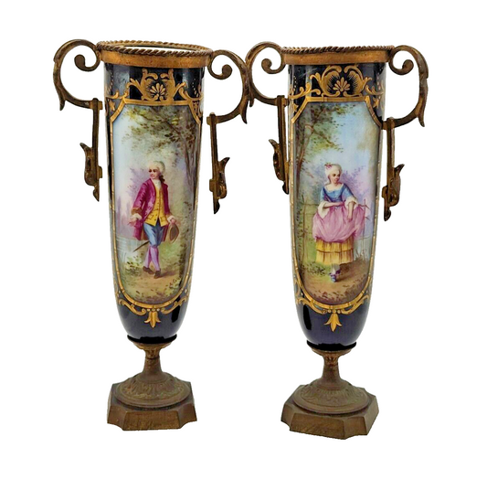 Pair of Antique French Sevres Porcelain Urns, Hand Painted, 1880's image 0