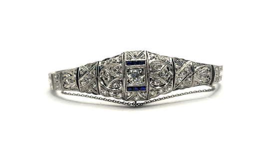 Antique Art Deco Filigree Platinum 3ct Diamond & Sapphire Bracelet image 0