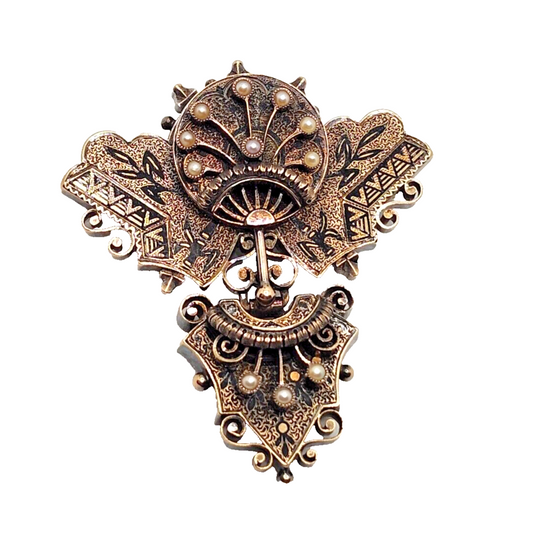 Antique Victorian 1800's Seed Pearl Enamel & 14k Gold Bar Brooch or Pendant image 0