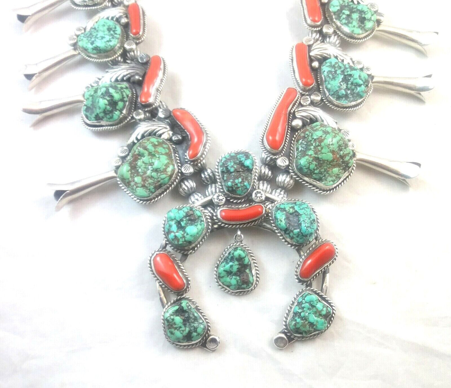 Native American Signed Squash Blossom Turquoise Coral & Sterling Silver Necklace image 6
