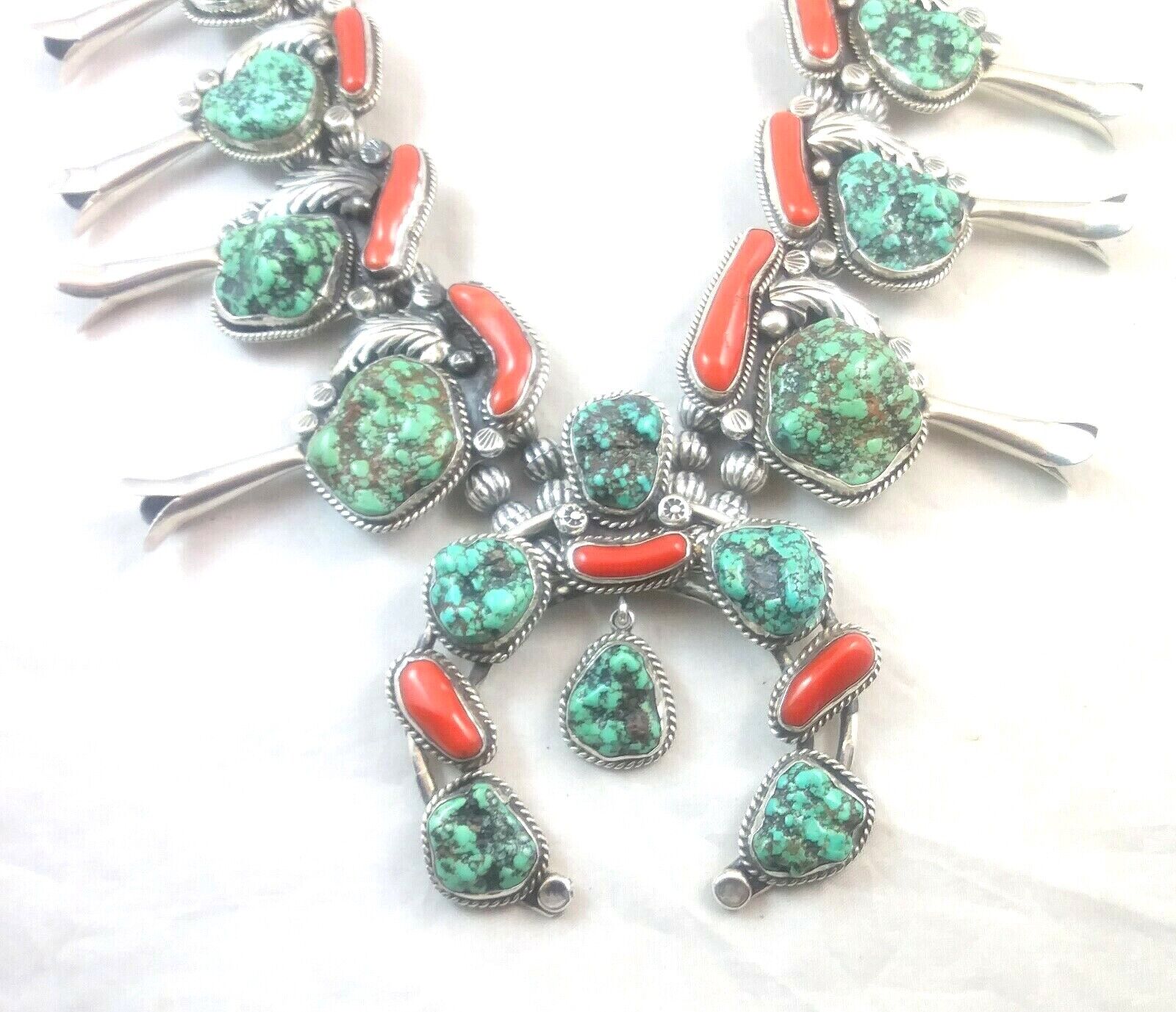 Native American Signed Squash Blossom Turquoise Coral & Sterling Silver Necklace image 6