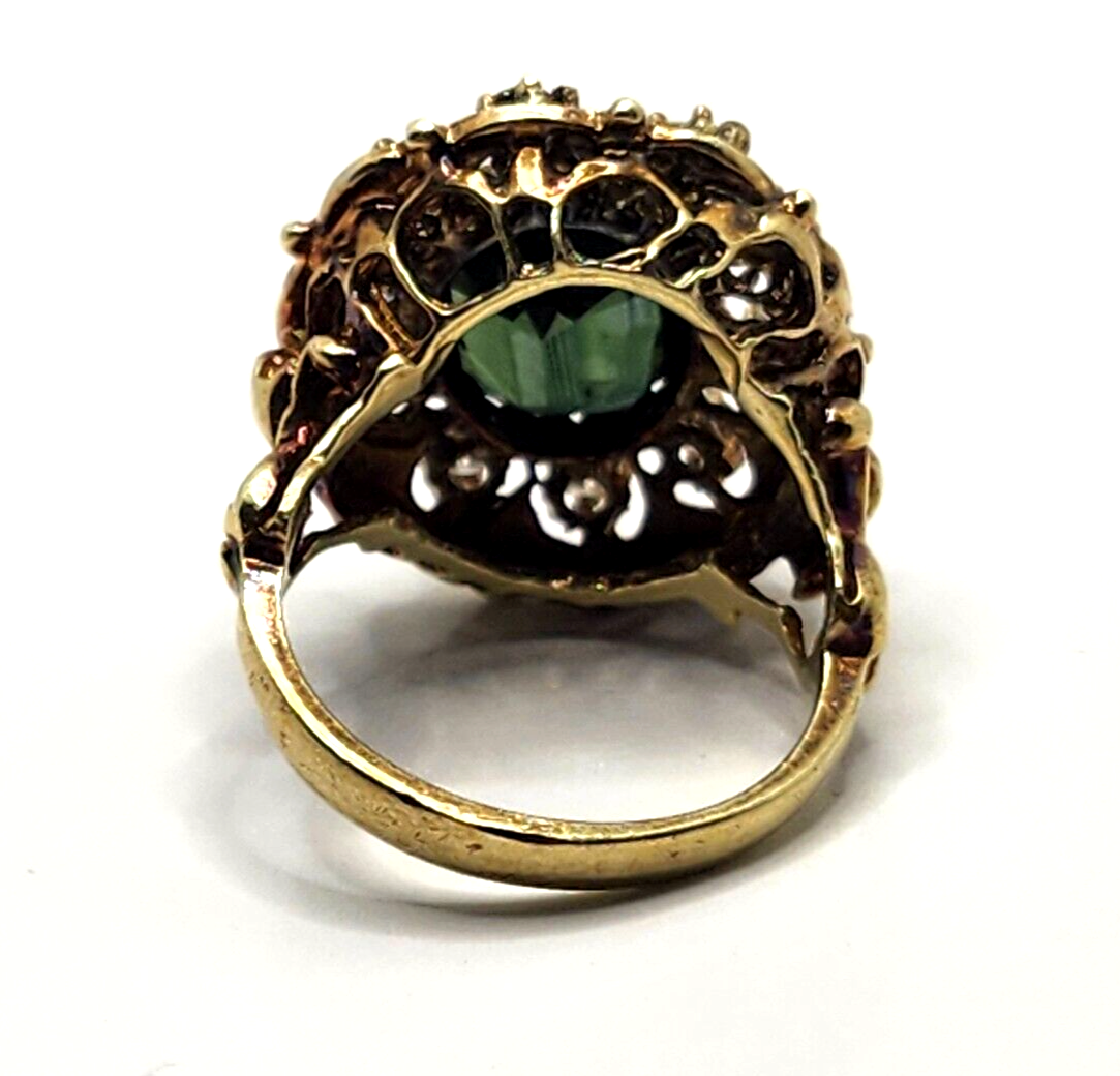 Green Zircon, Diamond Halo & Enamel Scroll Fleur-de-Lis 14k Gold Cocktail Ring image 13