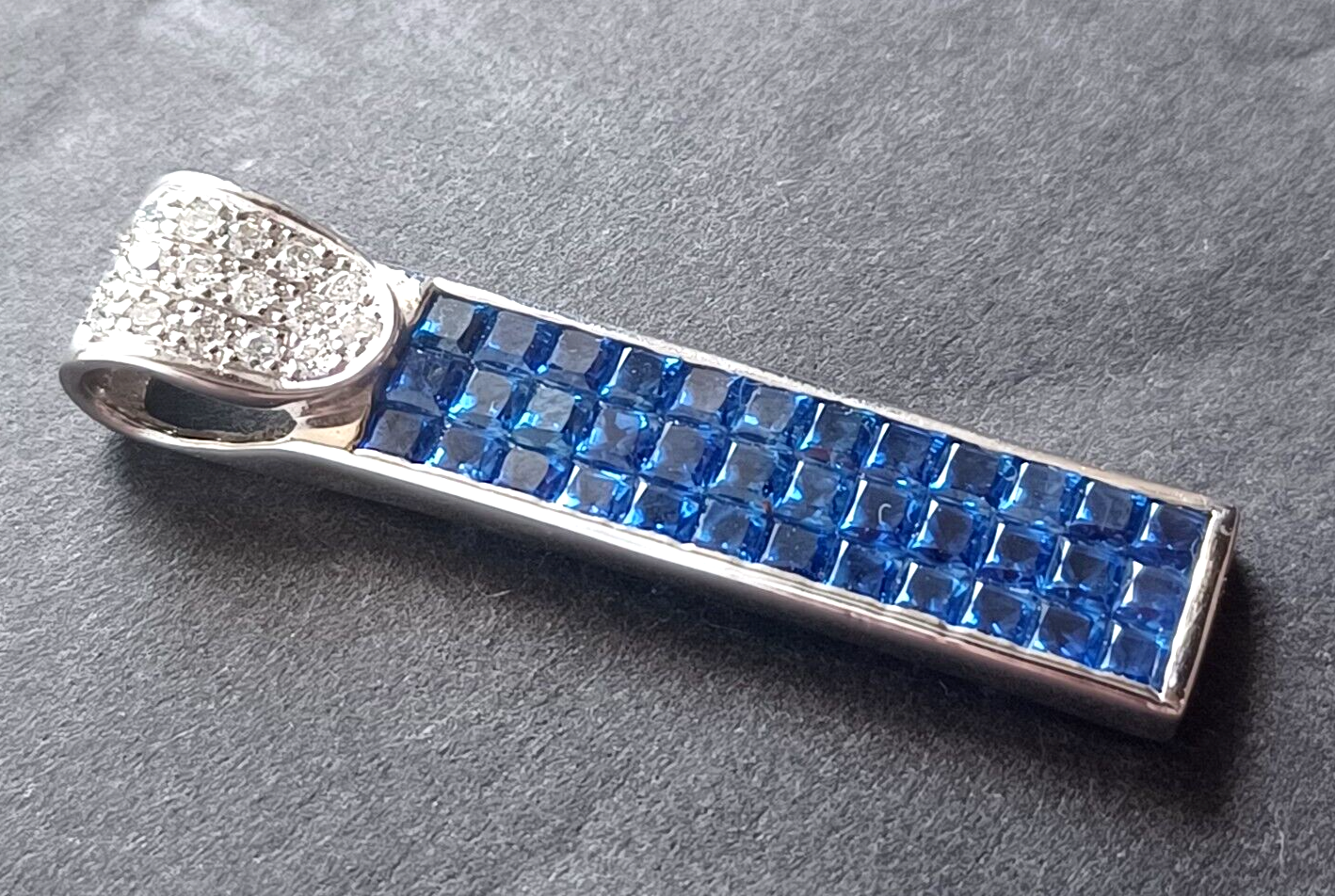 Estate 2.25 Ct Diamond & Ceylon Blue Sapphire 14K White Gold Bar Pendant image 2