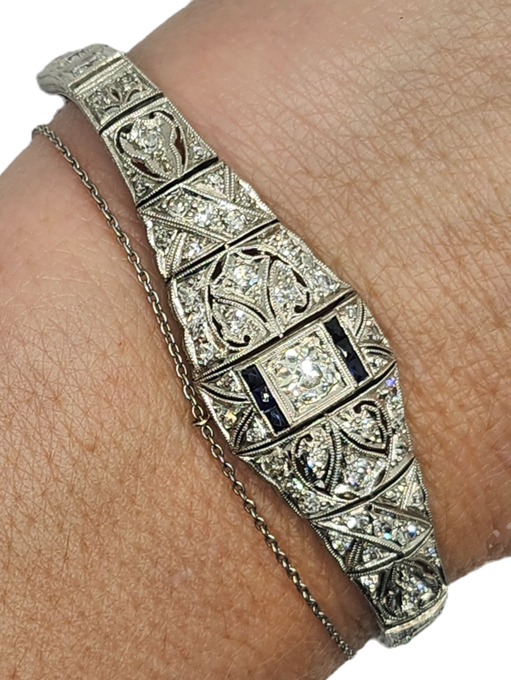 Antique Art Deco Filigree Platinum 3ct Diamond & Sapphire Bracelet image 5