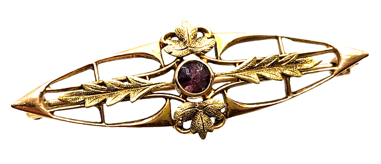 Antique Edwardian 10k Yellow Gold Amethyst Bar Pin image 1