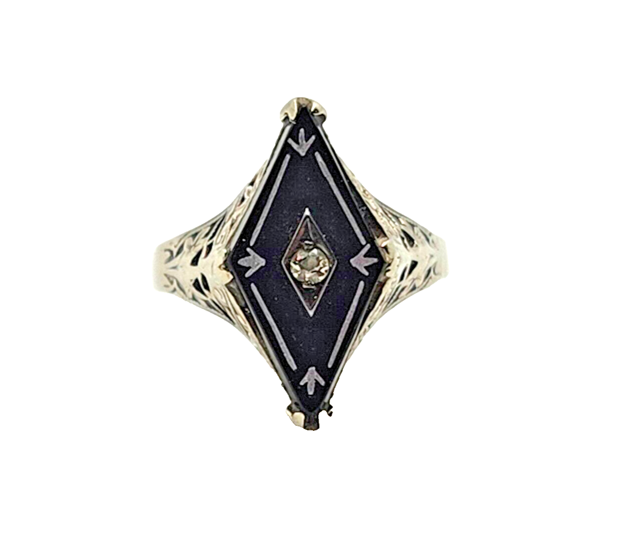 Antique Edwardian Art Deco Diamond Onyx & 14K White Gold Filigree Navette Ring image 0