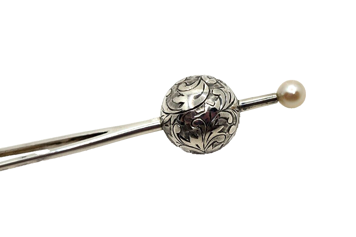 Vintage Sterling Silver & Pearl Japanese Hairpin Etched Scroll Ball image 2