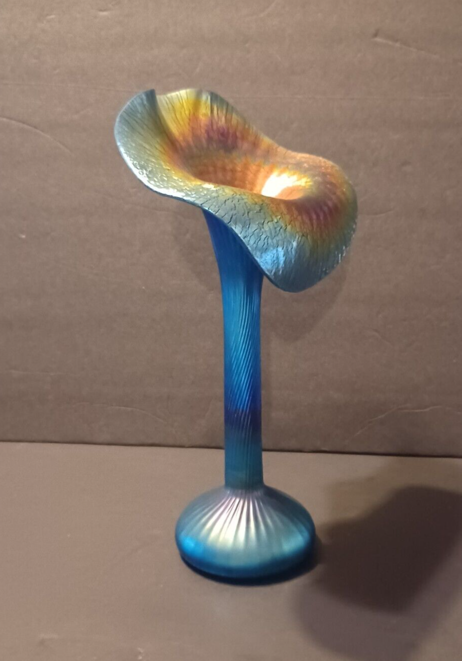 LUNDBERG Studios Art Glass JACK IN THE PULPIT Aurene Blue Iridescent Vase image 8