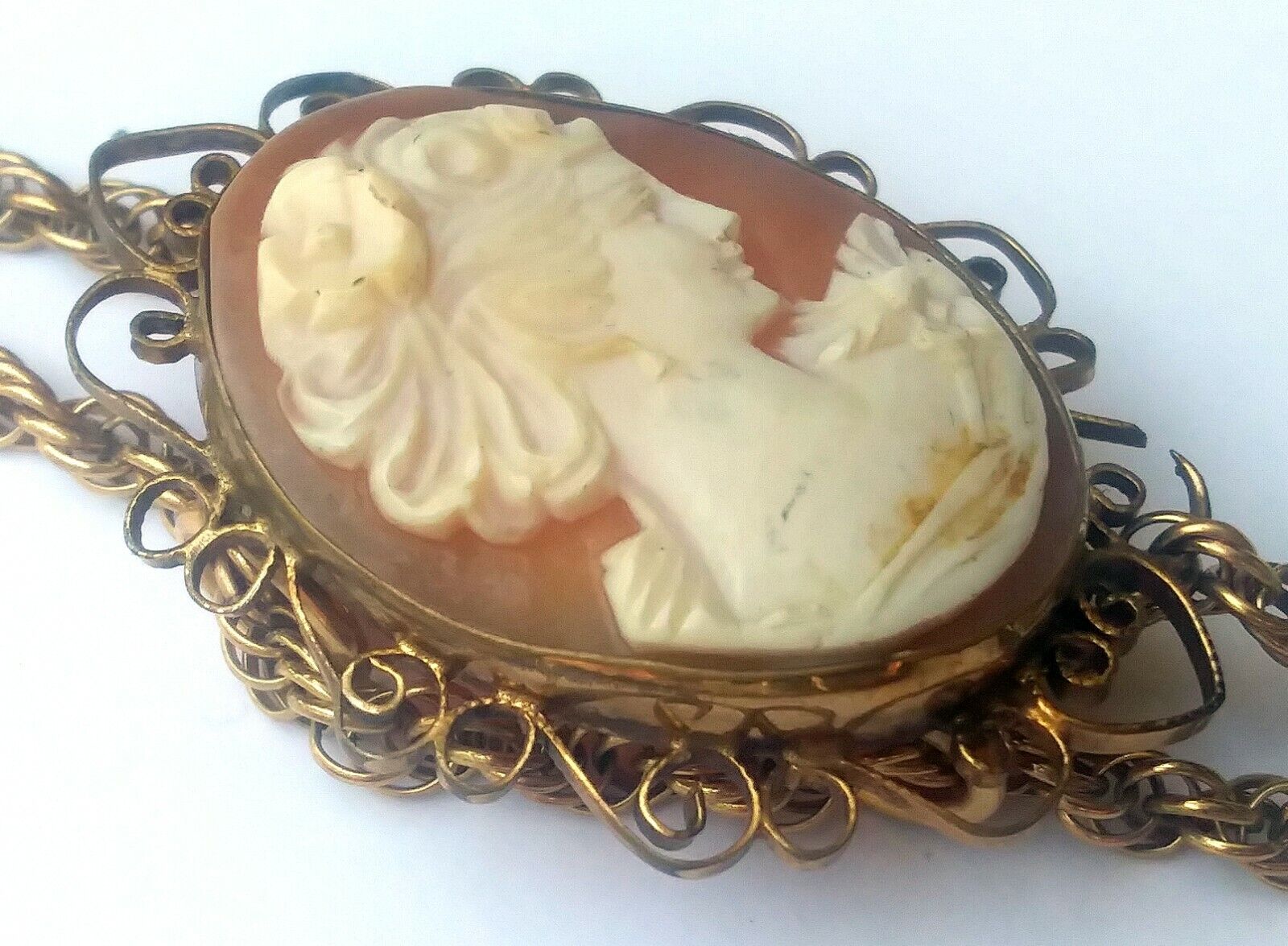 Antique Victorian Shell cameo & Gold Filled Rope Chain Bolo Style Necklace image 5