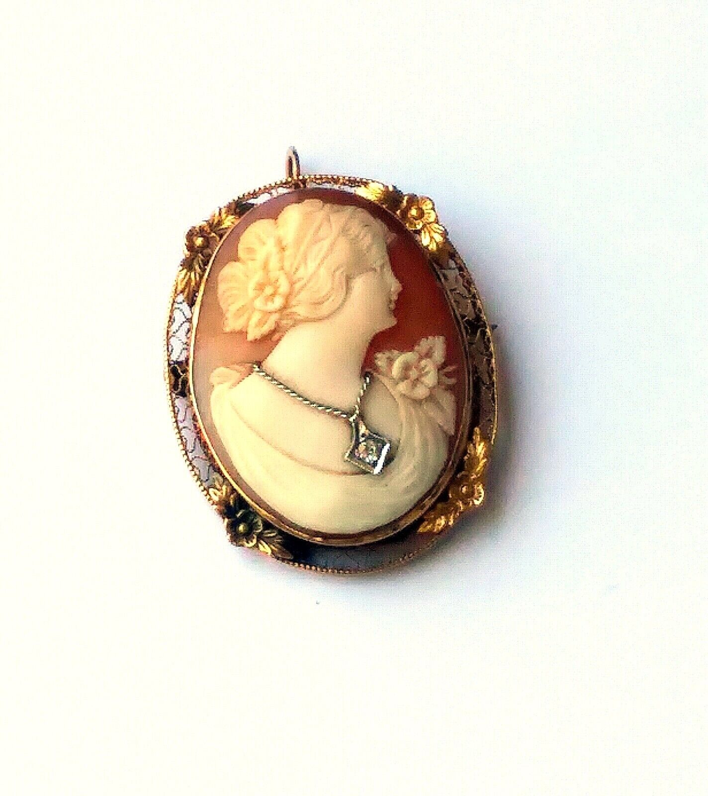 Antique Victorian Shell Cameo Diamond Necklace 10k Yellow Gold Brooch Pendant image 1
